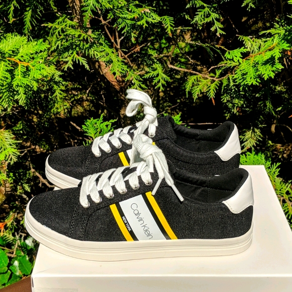 Calvin Klein Women's Black Sneakers with Yellow Stripe - Picture 3 of 8